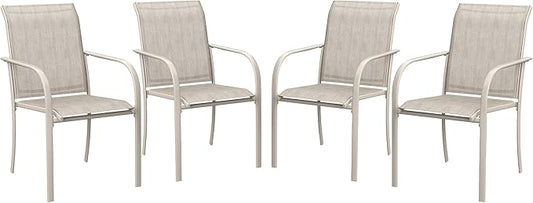 VICLLAX Patio Stackable Dining Chairs Set for 4, Outdoor Sling Chairs with Metal Frame for Front Porch Balcony Backyard Garden and Deck, Sandshell