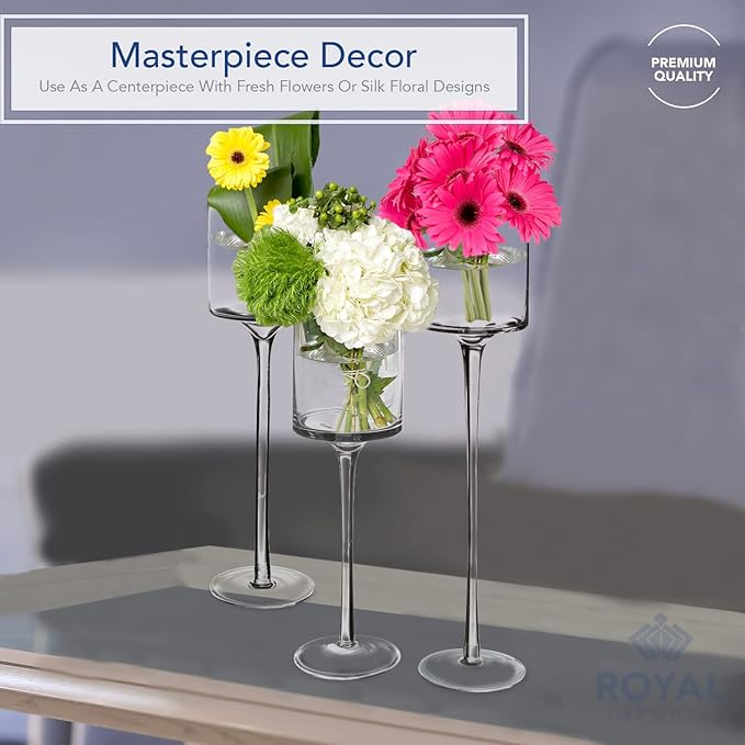 Royal Imports Glass Candleholder Flower Vase, Floating & Pillar Candle Centerpiece Display, Decorative Hurricane on Pedestal for Home or Wedding Set of 3, Clear