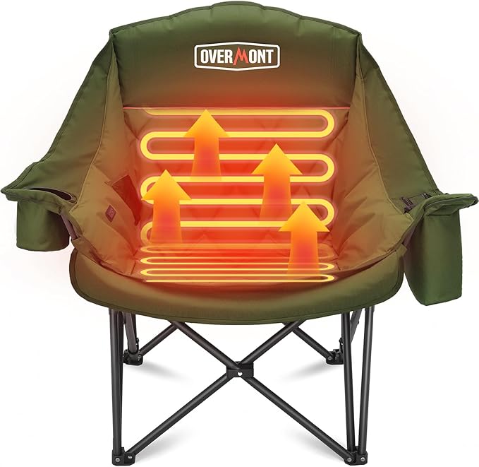 Overmont Heated Oversized Camping Chair for Adults - 3 Heat Levels Seat & Back Separately Control - 400lbs Support Heavy Duty Padded Folding Chair Outdoor Garden Portable - Battery NOT Included