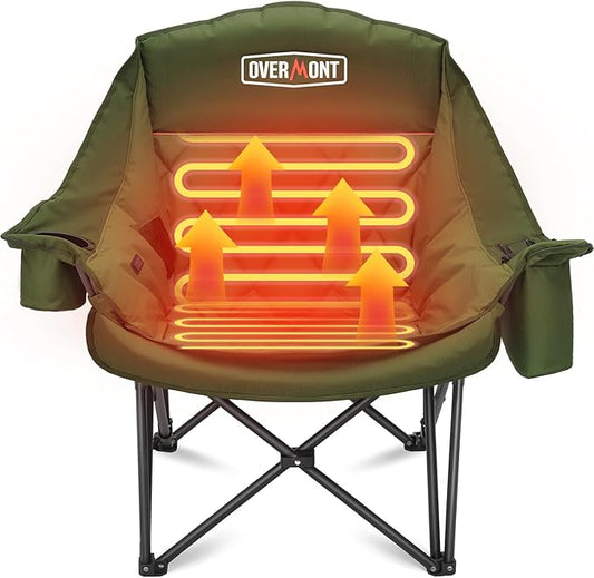 Overmont Heated Oversized Camping Chair for Adults - 3 Heat Levels Seat & Back Separately Control - 400lbs Support Heavy Duty Padded Folding Chair Outdoor Garden Portable - Battery NOT Included