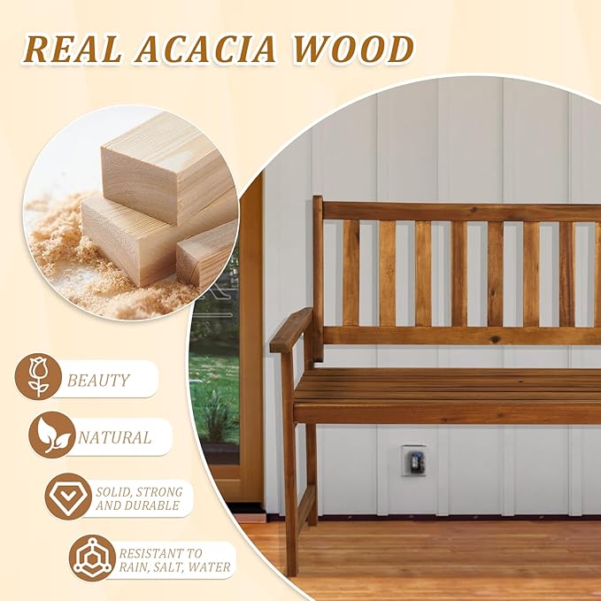 Outdoor Garden Wooden Bench,2-Person Garden Bench with Back and armrest, Acacia Wood Outdoor Bench Weatherproof for Patio,Front Porch,Park,Backyard,Wide Slatted Seat,Hold up to 705 LBS