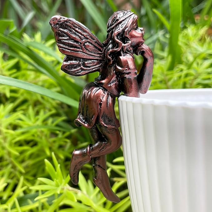 4PCS Miniature Fairies Pot Huggers Garden Planter Pot Hanger Flower Pot and Vase Huggers Resin Vintage Bronze Angel Statue Flying Fairies Figurines Home Office Desk Ornaments