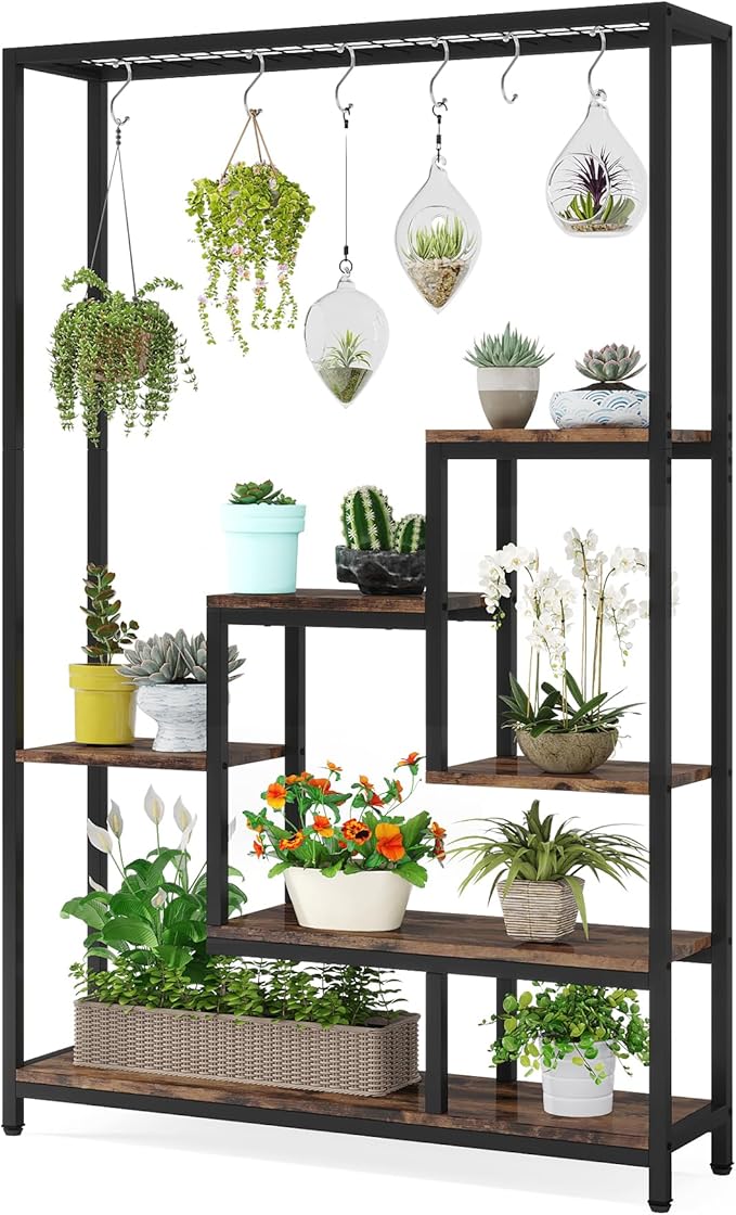 Tribesigns 5-Tier Tall Indoor Plant Stand, 70.9 inches Large Metal Plant Shelf with 6PC S Hanging Hooks, Multi-Purpose Flower Bonsai Pots Display Rack for Indoor, Garden, Balcony, Living Room