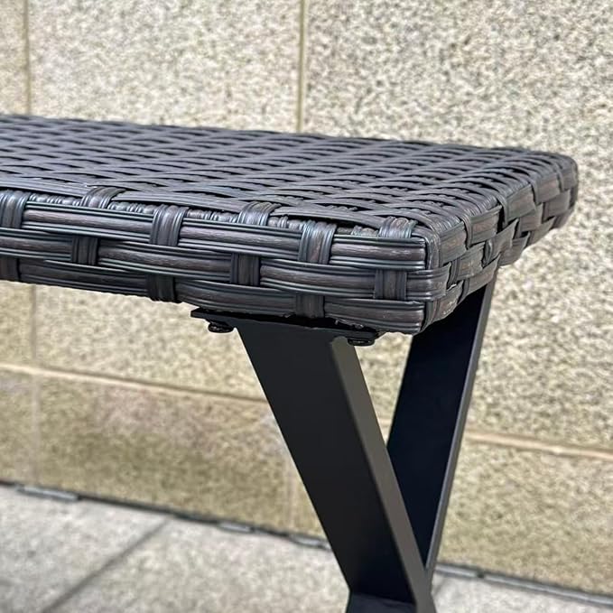Outdoor Rattan Backless Bench Weatherproof Patio Bench with Seat and X-Shaped Legs, All-Weather Garden Bench for Porch, Patio, Lawn and Backyard, Black
