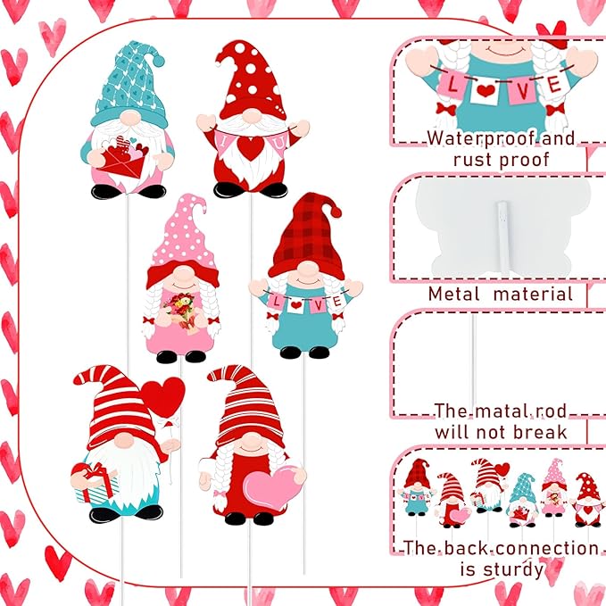 Pickmesh 6 Pcs 12 Inch Valentine's Day Metal Yard Sign Valentines Gnome Metal Yard Sign Barn Garden Stake for Planter Pot Walkway Pathway Outdoor Decor Lawn Decoration