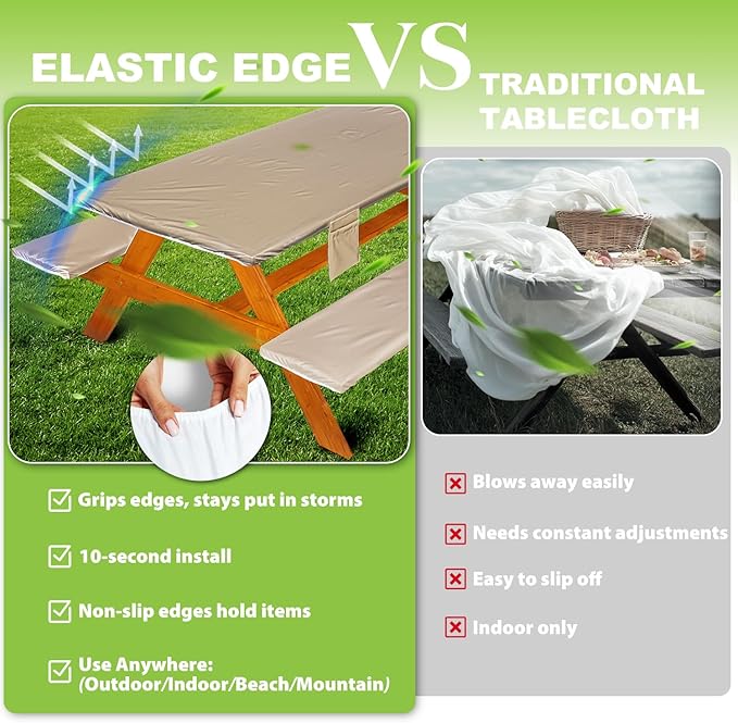 Picnic Table Cover with Bench Covers Vinyl Elastic Edges Fitted Rectangle Seat Tables Waterproof 3-Piece72X30in Set Outdoor Rectangular Folding Backing Tablecloth for Camping Over Size