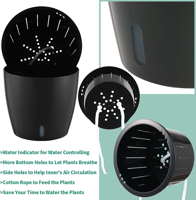 Planterhoma 5 Inch Self Watering Pots for Indoor Plants, 6 Packs African Violet Pots with Indicator, Black Wick Pot with Drainage Holes, Self Watering Planters for Orchid, Devil's Ivy, Black