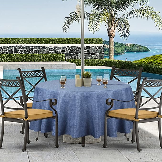 Outdoor Tablecloth Wrinkle-Free Stain Resistant Waterproof Polyester Fabric Table Cover with Zipper Umbrella Hole for Picnic/Party/Dinner/Patio Garden(70inch Round,Zippered,Denim Blue)