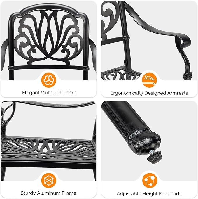VINGLI Patio Chairs Set of 4 - Stackable Outdoor Cast Aluminum Dining Chairs with Vintage Black Finish and Floral Pattern, Metal Armchairs for Poolside, Backyard, Balcony (with Cushion)