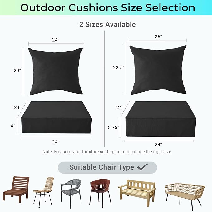Outdoor Cushions for Patio Furniture,Outdoor Seat Cushion Set 24 x 24 x 4 Inch,Waterproof & Fade Resistant Outdoor Chair Cushions,Deep Patio Chair Cushion with Removable Cover,Black