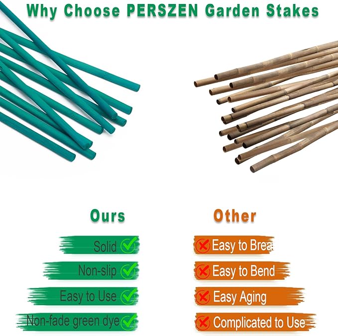 Plant Stakes 50 PCS Garden Green Bamboo Sticks Plant Support Stakes for Indoor and Outdoor Plants, Wooden Sign Posting Flower Pot Garden Stakes(15" 25pcs+17" 25pcs)