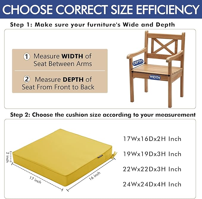 Outdoor Chair Cushions 16 x 17 Inch Water Resistant Patio Chair Cushions with Tie Color Fastness Thick Outdoor Seat Cushion for Garden Lawn Patio Furniture Yellow Set of 2