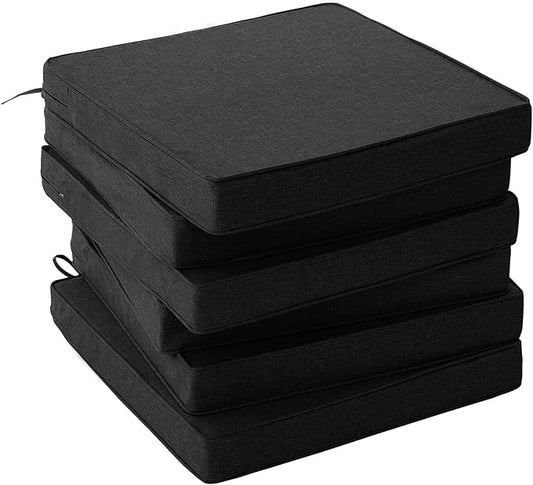 Outdoor Chair Cushions, Water-Resistant & Fade-Resistant, Patio Furniture Seat Replacement Chair Pads with Ties Zipper, Removable Cover, Non-Slip Bottom, Set of 6, 18.5 x 16 Inch, Black