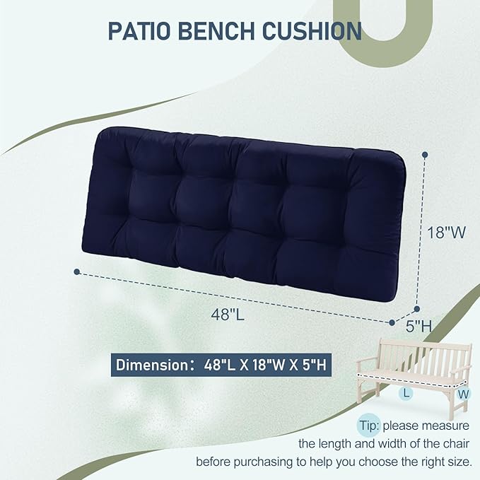 downluxe Outdoor Bench Cushion for Patio Furniture, Waterproof Tufted Overstuffed Porch Swing Cushions, Thick Outdoor Loveseat Cushions, 48" X 18" X 5", Navy, Set of 1