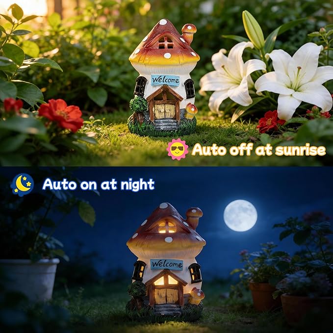 Garden Outdoor Figurines Statue with Solar Lights,Solar Mushroom House Decorations for Yard Outdoor Garden, Patio Yard Lawn, Gifts for Girls Birthday Housewarming Mother's Day (Mushroom House)