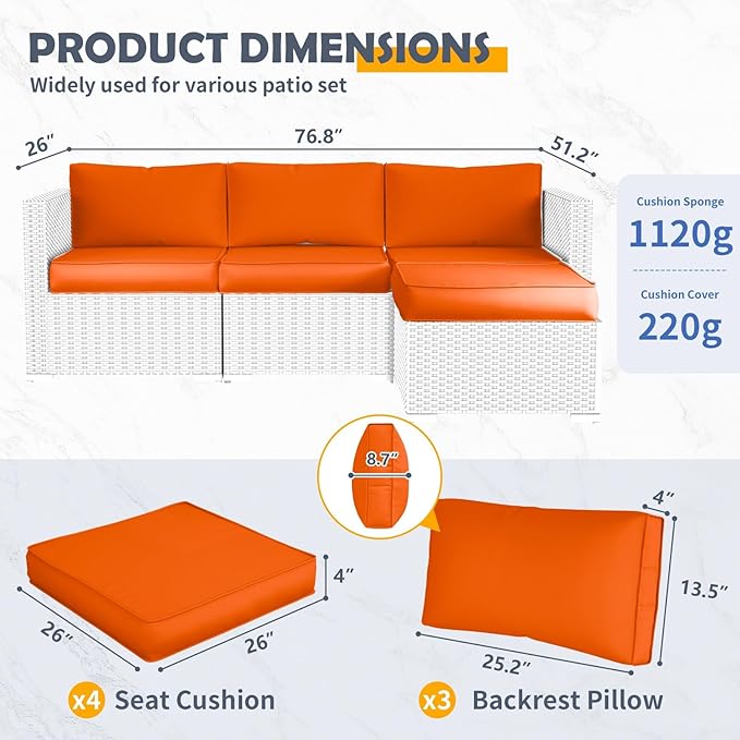 Amopatio Outdoor Sofa Replacement Cushion Set. Waterproof Seat and Back Cushions for Patio Fumniture - Extra-Thick Cushions, Machine- Washable Covers(Orange)