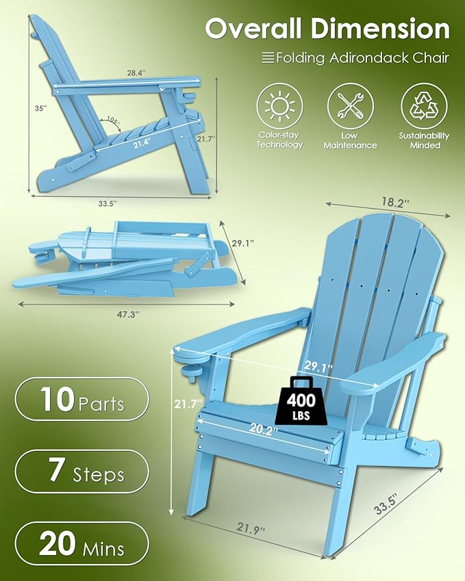 GREENVINES Folding-Adirondack-Chairs-Set-of-4 | HDPE Plastic | Fire Pit Chair | All Weather | Cup Holder | Arctic | for Deck Backyard Patio Outdoor Garden