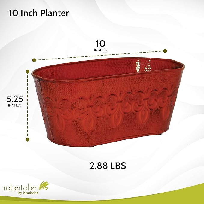 Headwind Ironlite Fleur De Lis Collection – 10" Cayenne Red Oval Decorative Planter with Drain Plug – Lightweight Metal Garden Pots for Indoor & Outdoor Planters Use by Robert Allen