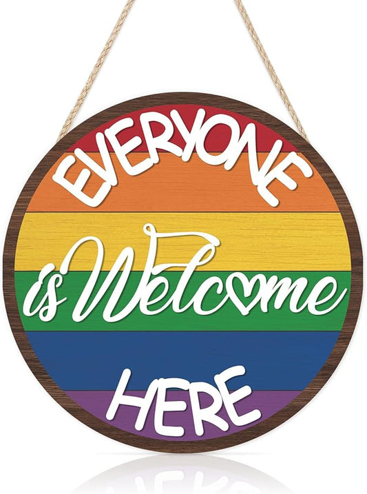 HLNIUC Everyone is Welcome Here Wood Sign 11.4”x11.4” Round Rainbow Hanging Plaque Rustic inspirational Front Door Hanger Muti Color Rainbow Welcome Wall Diversity Decoration for Home