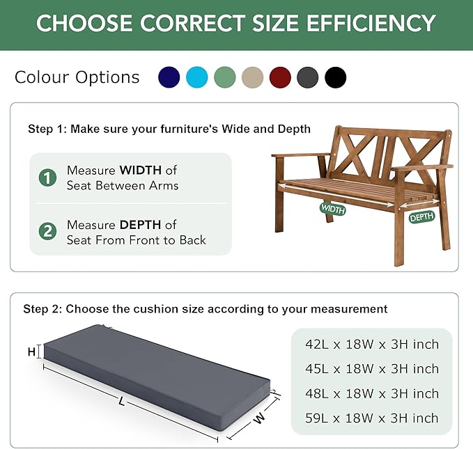 Outdoor Bench Cushion: Waterproof and Fade Resistant Patio Furniture Cushions - Non-Slip Bench Pad Cushion with Removable Cover for Garden Swing Porch Sofa Settee, 42 x 18 Inch, Dark Grey