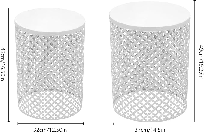 2PCS Outdoor Side Table, Heavy Duty Metal Frame Side Table Decorative Garden Stool Modern End Table Round Coffee Table for Patio Gardens Balconies Cafes (White)