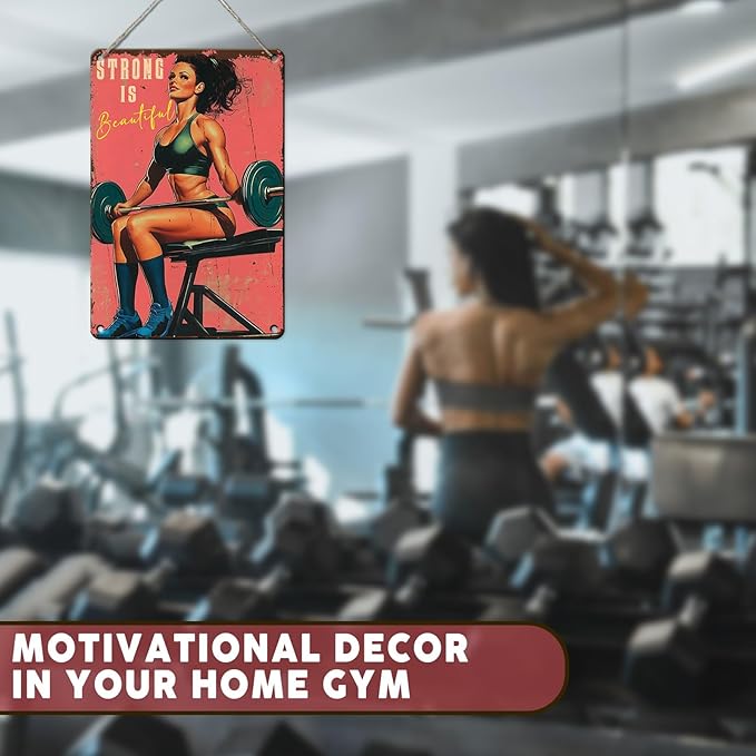 PEACHGARDEN Gym Decor Gym Girl Metal Signs Strong Is Beautiful Poster Girl Fitness Wall Art Decor Metal Tin Sign for Fitness Studio Workout Room Garage Kitchen 8x12inch
