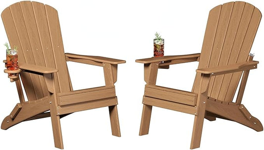 Plawdlik Folding Adirondack Chair Set of 2,Cup Holder,SGS Tested, Wooden Textured,Heavy All-Weather HDPE Comfortable Set,Poolside Backyard Lawn Use,Teak