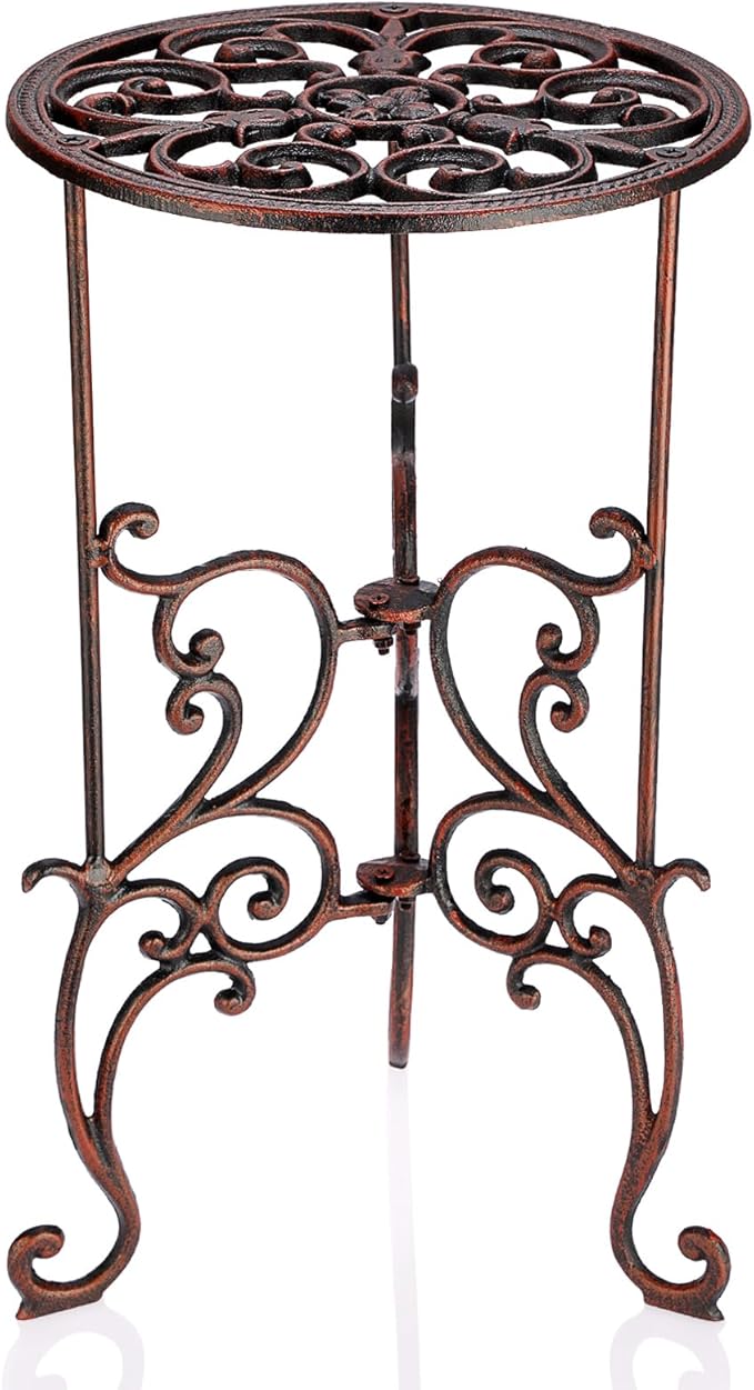 OwnMy Cast Iron Tall Plant Stand Heavy Duty Vintage Wrought Iron Flower Pot Holder, Decorative 1-Tier Potted Plant Holder Rack, Indoor Outdoor Large Metal Plant Stand for Patio Garden, Red Bronze