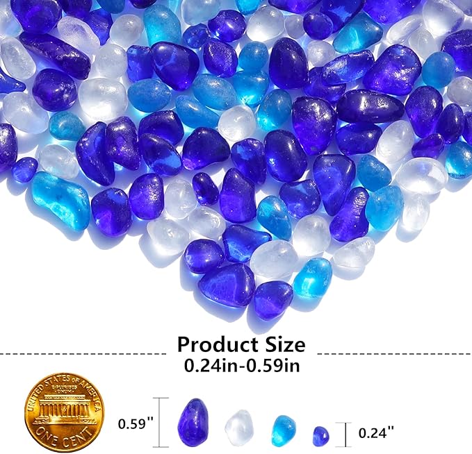 Sea Glass Stones - Blue Mixed Clear Glass Pebbles Gemstones - Perfect for Aquarium Rocks, Fish Tank Gravel, Vase Fillers, DIY Crafts, and Home Decor (0.9LB/14oz)