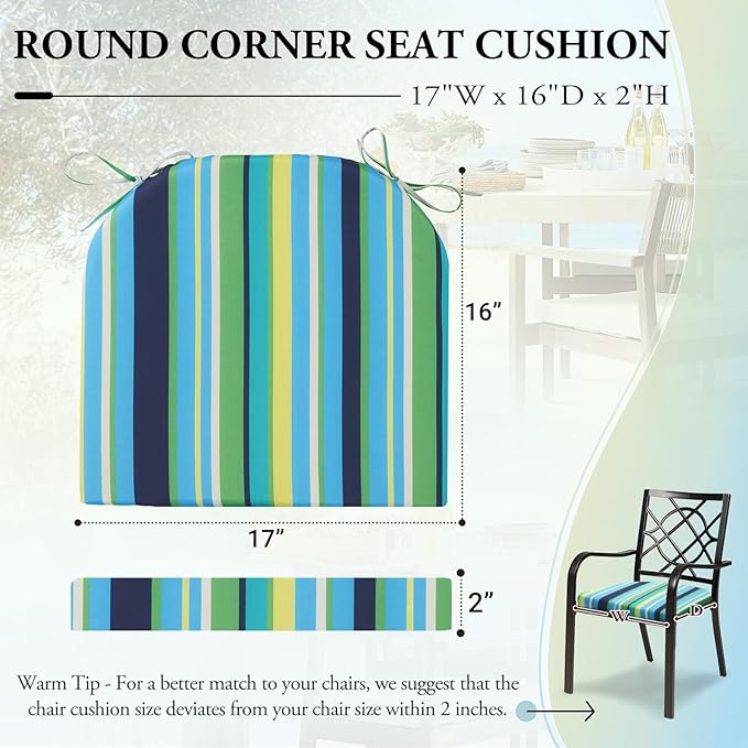 Wellsin Outdoor Chair Cushions for Patio Furniture - Patio Chair Cushions Set of 4 - Water Resistant Round Corner Outdoor Seat Cushions 17"X16"X2", Stripe 01