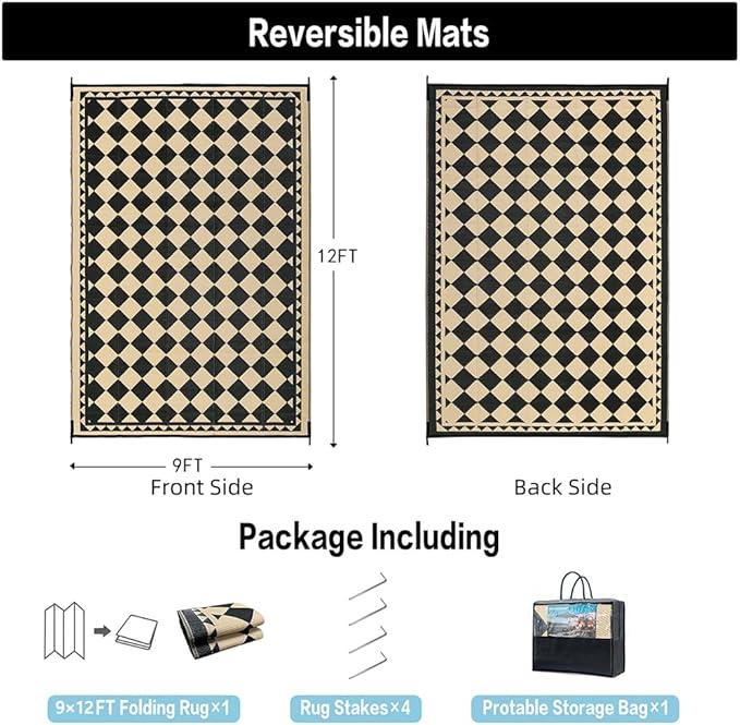 HUGEAR Outdoor Rug for Patios Clearance,Waterproof Mat,Large Outside Carpet,Reversible Plastic Straw Camping Rugs,Rv,Porch,Deck,Camper,Balcony,Backyard (9x12,Checkered/Black&Beige)