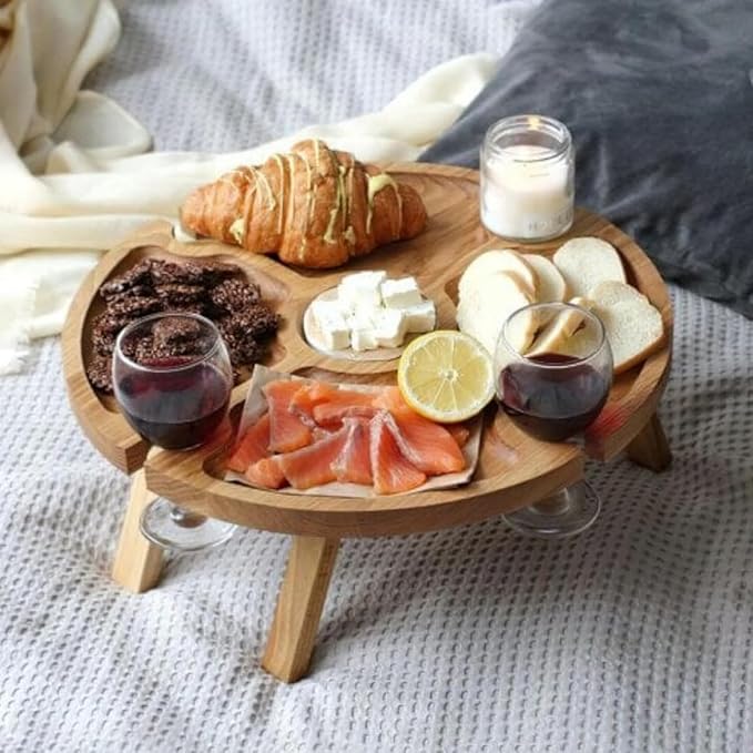 Portable Wooden Picnic Table with Wine Glass Holder - Foldable 2-in-1 Outdoor Snack Tray for Cheese & Fruit, Collapsible Camping Table with Integrated Glass Rack