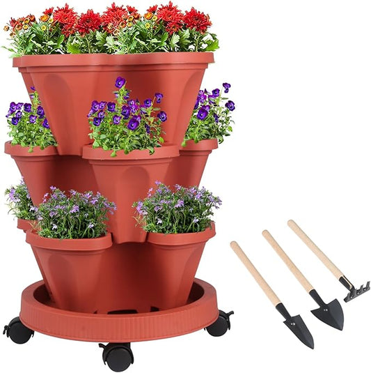 GameXcel Vertical Planter 3 Tier Stackable Planters Garden Planters Strawberry Herb Flower and Vegetable Planter Indoor Outdoor Gardening Pots with Removable Wheels and Tools
