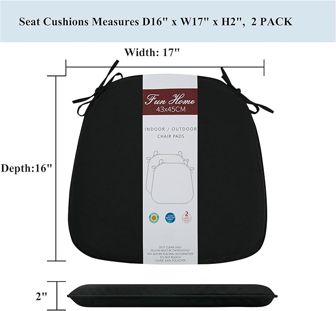 FUNHOME 17"x16"x2" Outdoor Chair Cushions Set of 4, Water Resistant Patio Chair Pads with Ties, Seat Cushions for Home Garden Furniture Decoration-Black