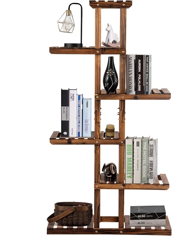 Giantex Flower Rack Wood Plant Stand 7 Wood Shelves 11 Pots Bonsai Display Shelf Indoor Outdoor Yard Garden Patio Balcony Living Room Multifunctional Storage Rack Bookshelf W/Hollow-Out Rack
