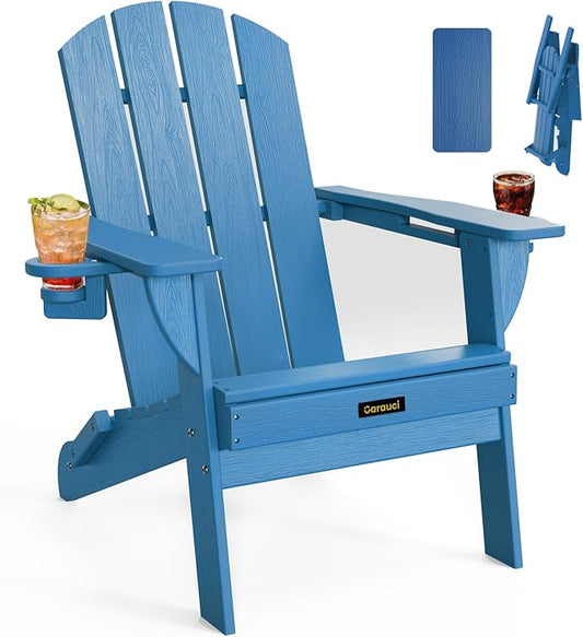 Folding Adirondack Chair, Wooden Textured Plastic Adirondack Chairs with 2 Cup Holder, Weather Resistant HDPE Fire Pit Chair, Outdoor Patio Chairs for Garden, Backyard, Lawn, Deck, 380LBS, Blue