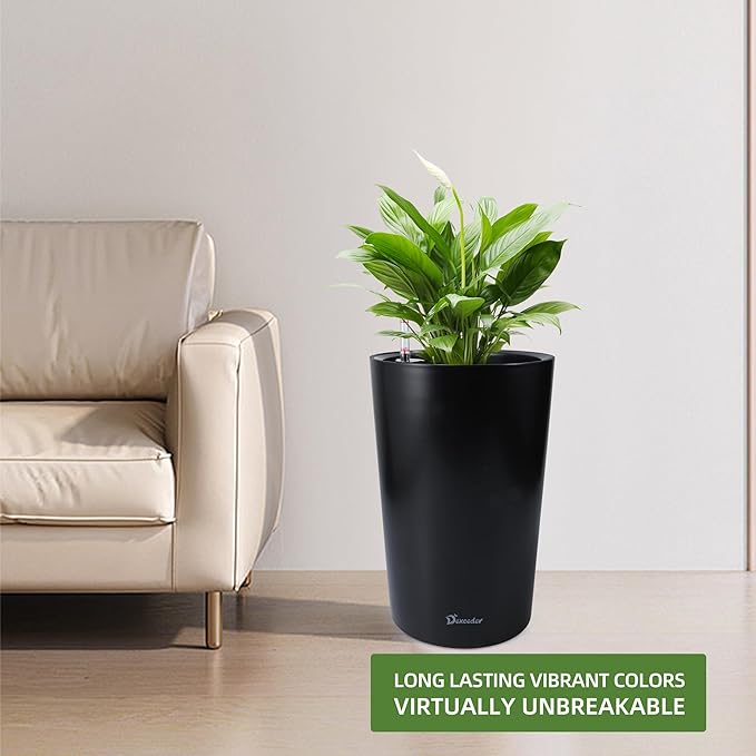 Dexceder 16x12 Tall Self Watering Planter High Cylinder Indoor Outdoor, Thickened Large Floor Standing Flower Plant Pot with Water Level Indicator (Black Matte)