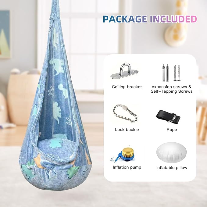 Kids Pod Swing Seat, Flannel Sensory Swing Chair Nightglow with PVC Inflatable Cushion, Hanging Hammock Chair for Indoor＆Outdoor Use (Blue (Dinosaur))