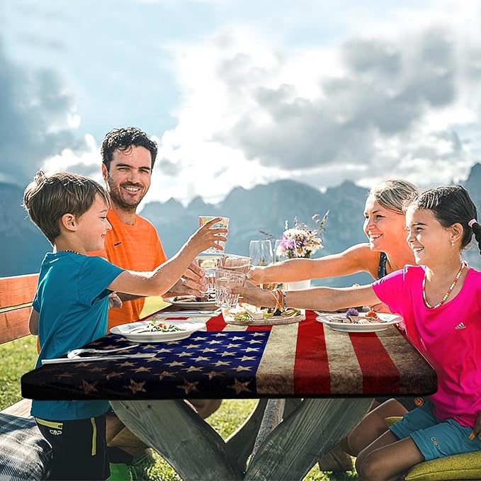 Picnic Table Cover with Bench Covers Elastic Edges, American Flag Fitted Table Cover, Outdoor Patio Camping Essentials 72 Inch 3PCS, Waterproof Camping Fitted Tablecloth with Drawstring Bag
