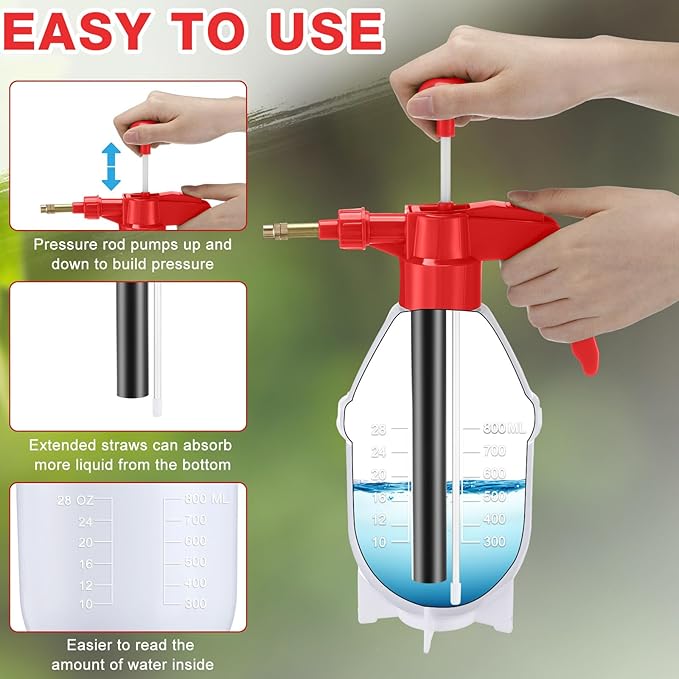 2 Pcs 27 oz Handheld Pump Spray Bottle Garden Mister Spray Bottles Lawn Pressure Hand Pump Sprayer with Adjustable Nozzle for Chemicals Watering Weeds Plants and Cleaning (Red)