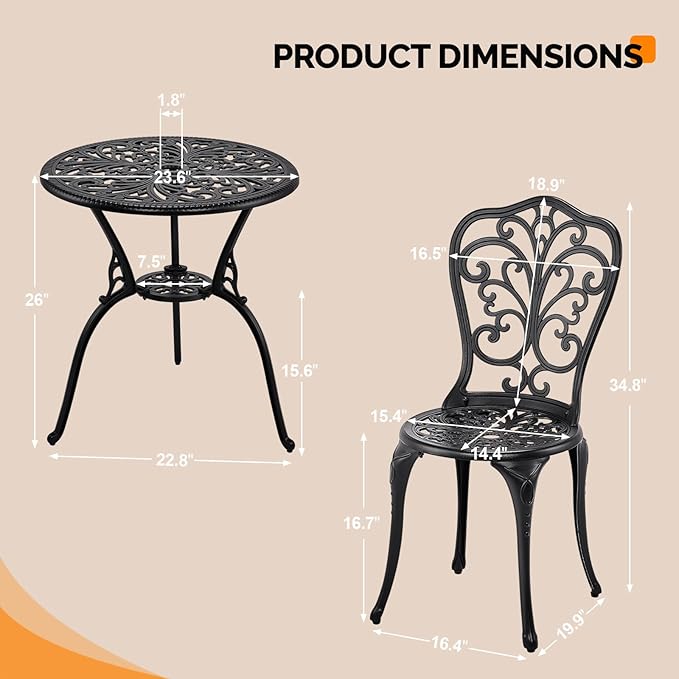 Outvita Patio Table and Chairs Set, Cast Aluminum Outdoor Cafe Table and Chairs Set of 3, Stability Patio Bistro Sets with Umbrella Hole for Garden, Patio, Balcony, Butterfly Pattern Black