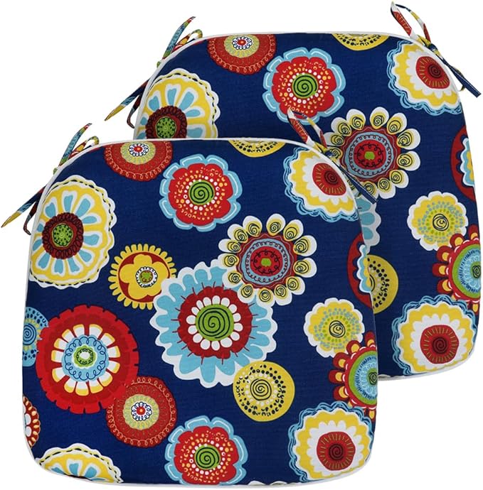 Magpie Fabrics Outdoor/Indoor 17"x16"x2" Chair Cushions with Ties Set of 2, Waterproof All Weather U-Shape Seat Pads Decoration for Patio Garden Furniture Home Office (Floral Navy)