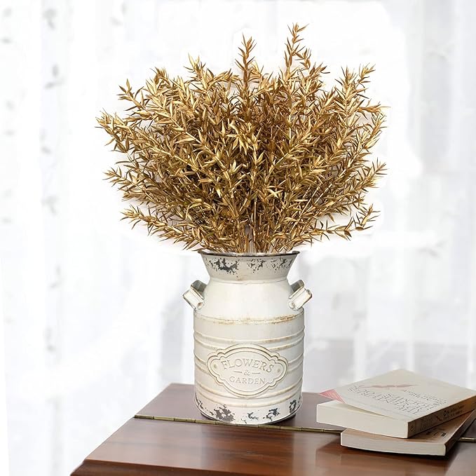 CATTREE Artificial Plants for Christmas, Plastic Grass Faux Shrubs Fake Leaves Simulation Sharp Bushes Home Indoor Outdoor Garden Wedding Festival Decoration Hall Table Planter Filler – Gold 2 Pack