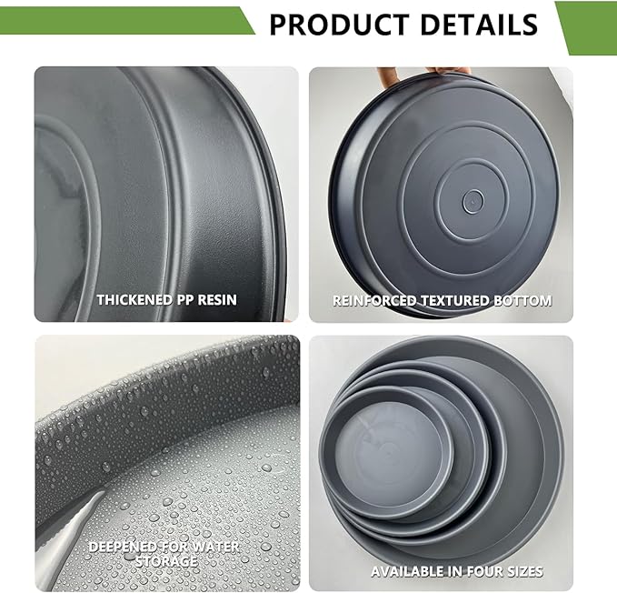 6 Pack 10 Inch Black Round Plant Saucers, Thick PP Plastic Pot Trays for Large Planters, Durable Flower Pot Water Catcher Plates & Drip Trays for Indoor Outdoor Gardening