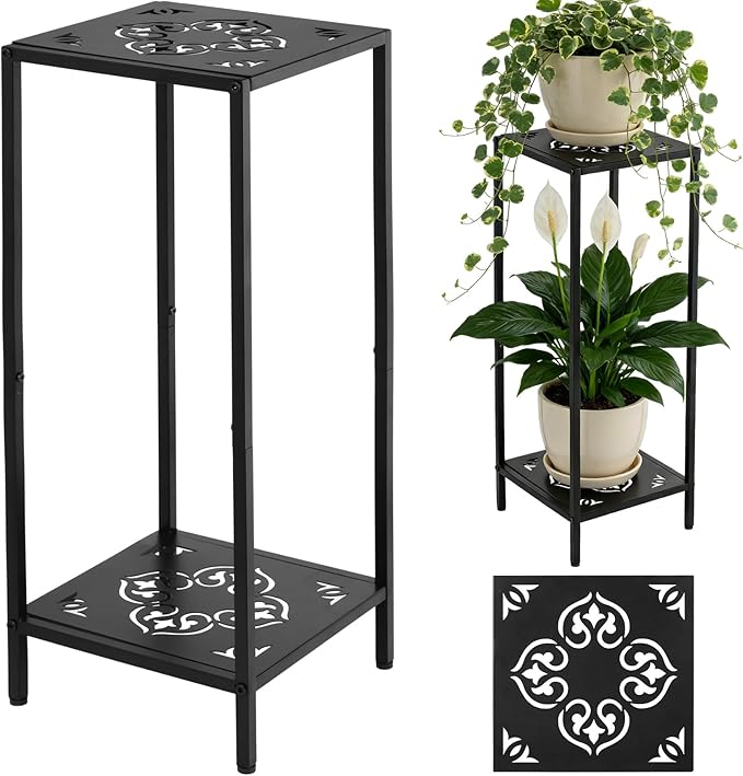 Party Zealot 2-Tier Tall Metal Square Plant Stand Heavy-Duty Modern Flower Pot Rack for Indoor Living Room, Corner Side Table for Outdoor Patio, Garden, and Balcony Black, 12" D x 31" H