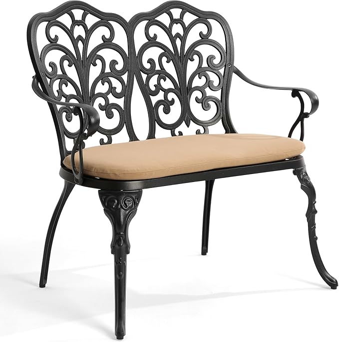 HOMEFUN Outdoor Bench with Cushion - Patio Garden Benches Metal Loveseat Butterfly Cast-Aluminum Outside Furniture for Park Lawn Front Porch Black