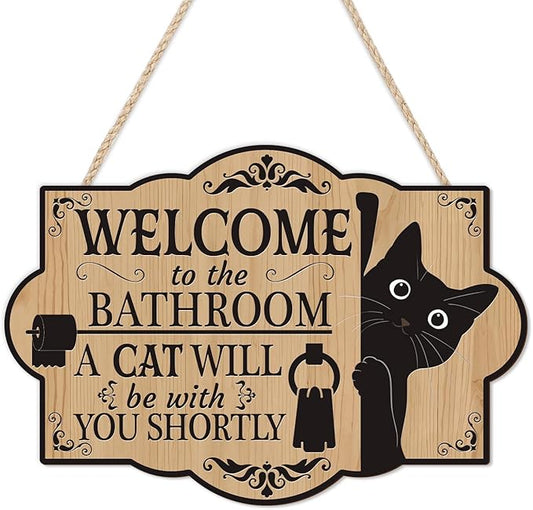 HLNIUC Funny Black Cat Door Sign(11”x8”) Welcome to the Bathroom A Cat Will Be With You Shortly Wall Decor,Bathroom Cats Hanging Plaque,Cats Welcome People Tolerated Sign for Pet Lover Front Door