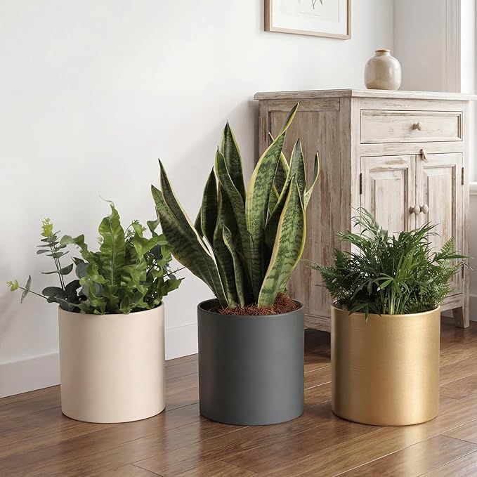 Metal Plant Pot with Drainage Hole,Mid Century Modern 7 inch Round Pot Indoor Outdoor Planters for Decorative Pots of Tabletop Living Room Bedroom Grey