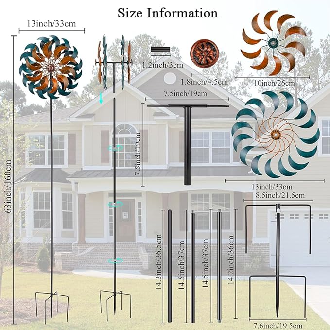 Stargarden Garden Wind Spinners, 13” W Kinetic Wind Sculptures & Spinners, 4 Layers Windmills Lawn Ornament Décor