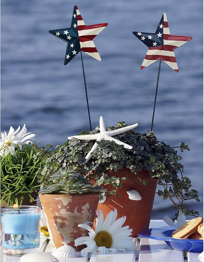 6set Metal Barn Star Yard Sign Planter Stake Outdoor Lawn Decor, Patriotic US Flag Star Barn Garden Signs for Walkway Pathway Planter Pot Decorative Outdoor Stake July 4th Veterans Day Party Supplies